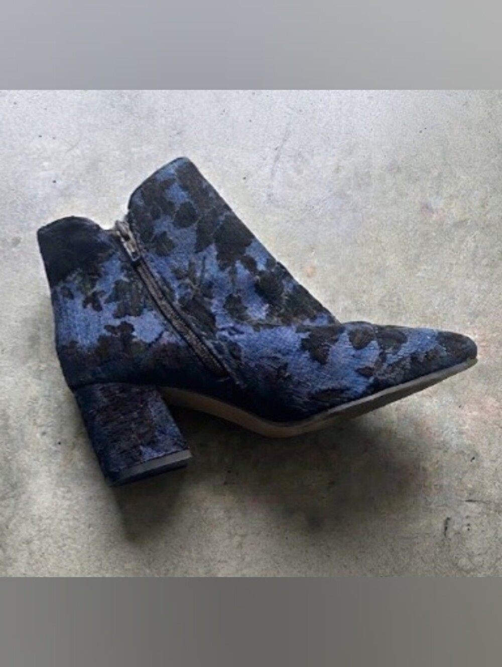 VINCE CAMUTO, Shimmery Blue With Black Floral Patterns, Brocade Ankle Boots.